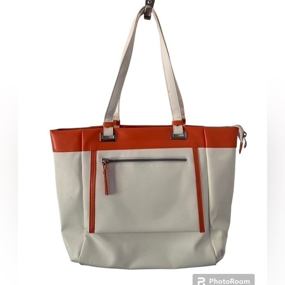 Handbags - Italian White Tote with Orange Trim Faux Leather
